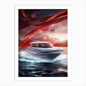 Sketch Style Boat On Artificial Intelligence Themed Sea Brush Strokes Visible Imagery Of Ethereal Art Print