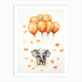 Elephant Flying With Autumn Fall Pumpkins And Balloons Watercolour Nursery 5 Art Print