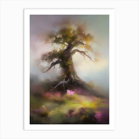 Oak tree, fine work of art, misty atmosphere, green meadow..18 Art Print