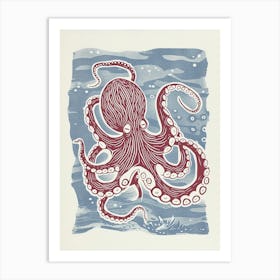 Red & Chalk Blue Linocut Inspired Octopus Art Print