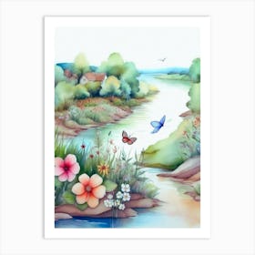 Watercolor Of Flowers And Butterflies Art Print