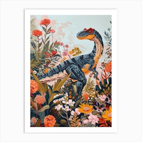 Dinosaur In The Garden Flowers 2 Art Print