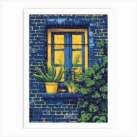 Blue Window With Potted Plants Art Print