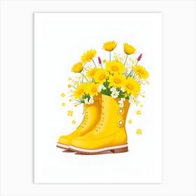 Yellow Flowers In Gardening Boots Art Print