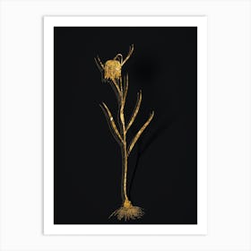 Vintage Chess Flower Botanical in Gold on Black Art Print