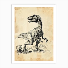 Vintage Oviraptor Dinosaur Sepia Illustration Art Print
