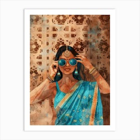 Indian Woman In Blue Sari Art Print