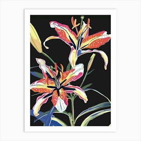 Neon Flowers On Black Lily 5 Art Print