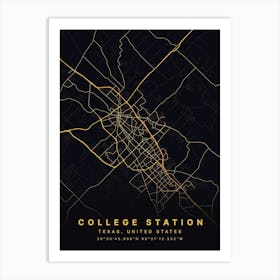 College Station Texas USA Black And Gold Map Art Print