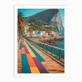 A Boardwalk With Colorful Painted Colors By The Ocean Art Print