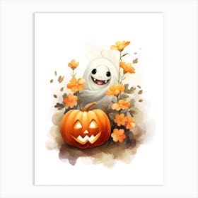 Cute Ghost With Pumpkins Halloween Watercolour 158 Art Print
