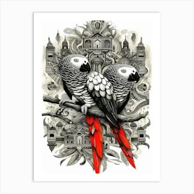 Two Parrots Nimbus On A Branch Art Print