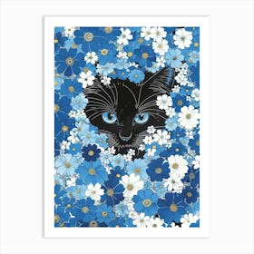 Black Cat In Blue Flowers 6 Art Print