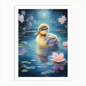 Duckling Swimming In The Pond In The Moonlight Pencil Illustration 2 Art Print
