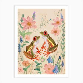 Folksy Floral Animal Drawing Frog Art Print