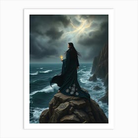 Dark Witch on A Rock by the Ocean Póster