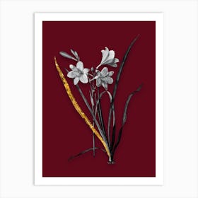 Vintage Daylily Black and White Gold Leaf Floral Art on Burgundy Red n.0058 Art Print
