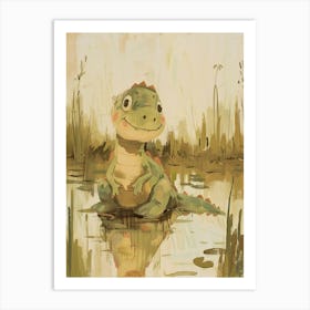 Cute Khaki Green Dinosaur In The Swamp Storybook Illustration Art Print