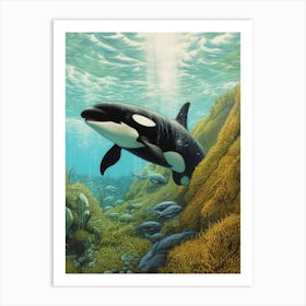 Storybook Style Orca Whale Illustration Underwater, Swimming With Fish Art Print