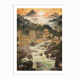 Mountains And Hot Springs Japanese Style Illustration 1 Art Print