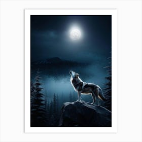 Howling Wolf Center Frame Midnight Wilderness Backdrop Full Moon Casting Silver Illumination Thro (3) Art Print