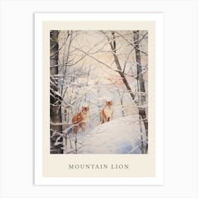 Winter Watercolour Mountain Lion 2 Poster Art Print