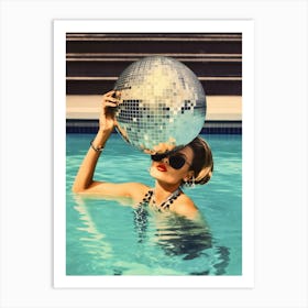 Disco Ball Woman in Pool, Preppy Aesthetic, Summer Art Print