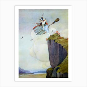 Witch on a Broomstick 1919 by Ida Rentoul Outhwaite - Red Cape and Black Bats Witchy Vintage Art Deco Fairycore Witchcore Witches Cottagecore Pagan Beautiful Remastered Drawing Witch on a Cliff Practicing Flying on a Broom Art Print