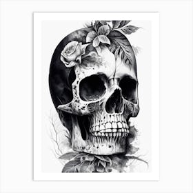 Skull With Watercolor Effects Linocut Art Print