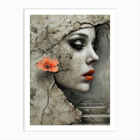 Cracked Elegance Surreal Portrait of a Woman with a Blooming Flower Art Print