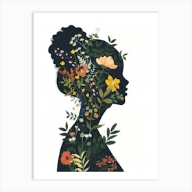 Silhouette Of A Woman With Flowers Art Print