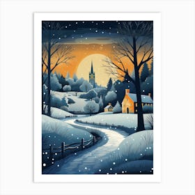 Winter Travel Night Illustration Cotswolds United Kingdom 1 Art Print