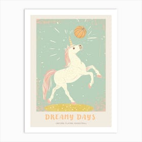 Pastel Storybook Style Unicorn Playing Basketball 2 Poster Art Print