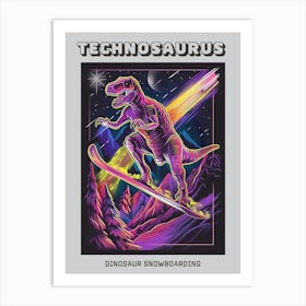 Neon Dinosaur Snowboarding Poster Art Print