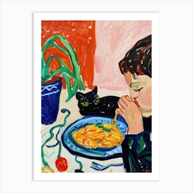 Portrait Of A Boy With Cats Having Pasta 1 Art Print