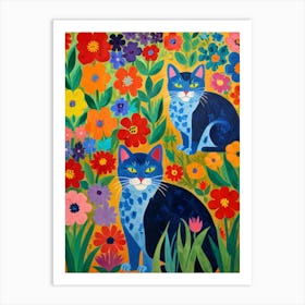 Blue Cats In A Flower Garden Art Print