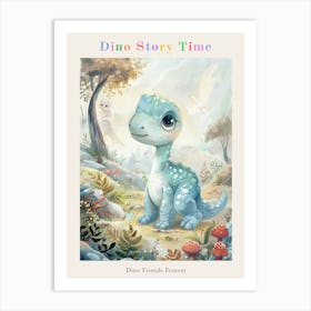 Blue Cute Dinosaur In The Meadow With Mushrooms Storybook Watercolour Painting Poster Art Print