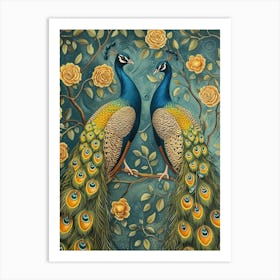 Two Peacocks Floral Wallpaper 3 Art Print