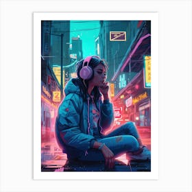 Girl With Headphones In The City Art Print