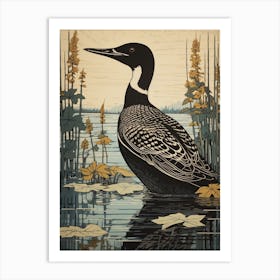 Vintage Bird Linocut Common Loon 1 Art Print