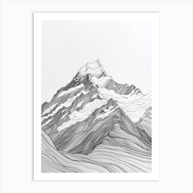 Aoraki Mount Cook New Zealand Line Drawing 8 Art Print