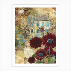 Burgundy Flowers Scrapbook Collage Cottage 4 Art Print