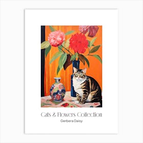 Cats & Flowers Collection Gerbera Daisy Flower Vase And A Cat, A Painting In The Style Of Matisse 2 Art Print