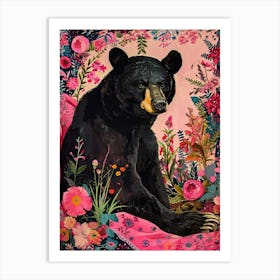 Floral Animal Painting Black Bear 4 Art Print