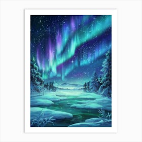 Anime Canvas Art: Magical Winter Night with Aurora Borealis and Snowy Landscape, Perfect for Lofi Aesthetic and Dreamy Nature Art Fans. Art Print