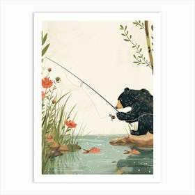 American Black Bear Fishing In A Stream Storybook Illustration 3 Art Print