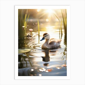 Fluffy Cygnet With Each Feather Catching The Soft Glimmers Of Sunset Swimming Through The Glassy S (1) Art Print