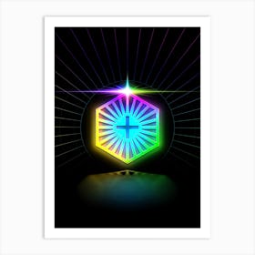 Neon Geometric Glyph in Candy Blue and Pink with Rainbow Sparkle on Black n.0396 Art Print
