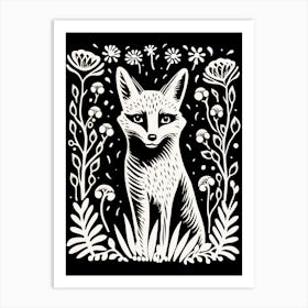 Linocut Fox Illustration Black 9 Art Print