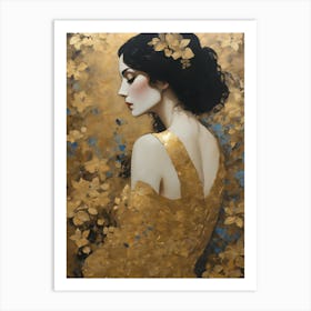 In the Style of Gustav Klimt - Beautiful Woman in Gold Leaf Wearing Back Showing Dress and Flowers, Similar to The Kiss, Tears, Portrait of Adele Bloch, Judith, Fräulein Lieser and Famous Replica Artworks - Perfect For Aesthetic Luxury Gallery Wall or Feature HD Art Print